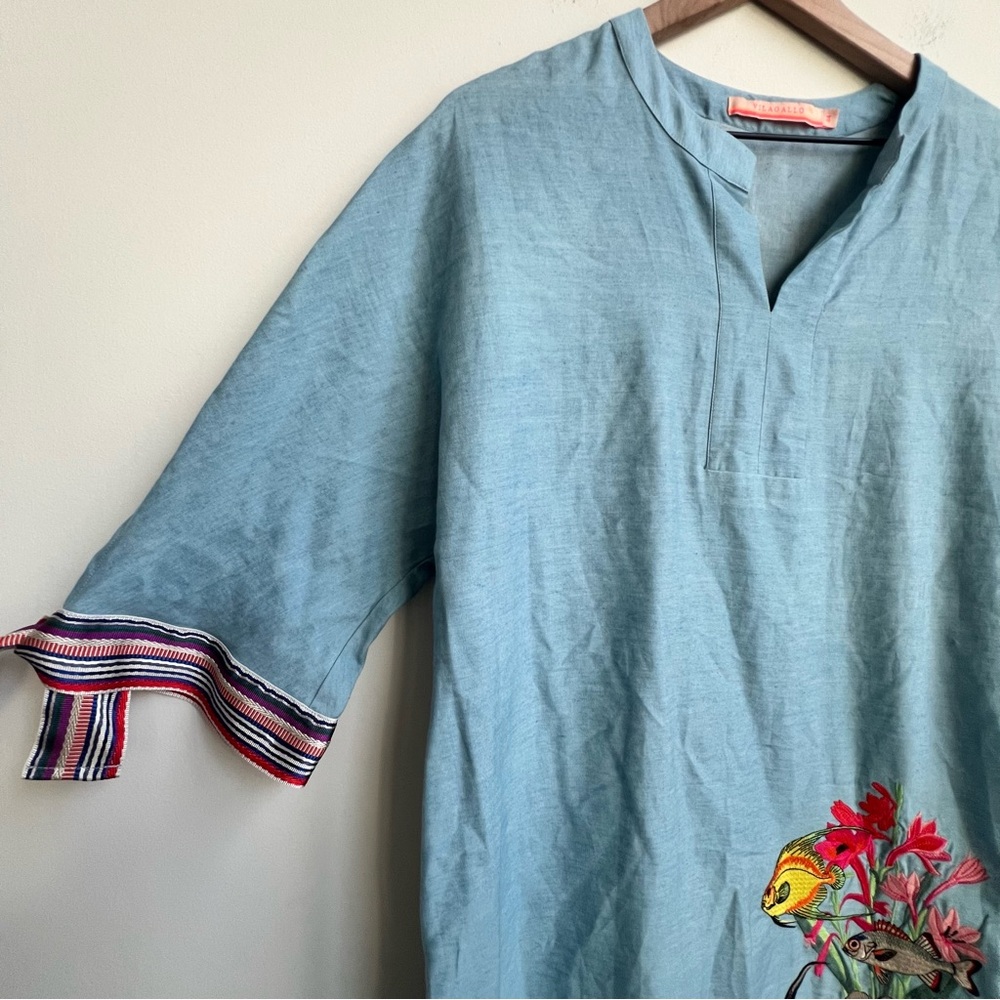 Vilagallo Embroidered Patch Tropical Fish Chambray Dress 44/10 Floral Resortwear - Picture 3 of 14